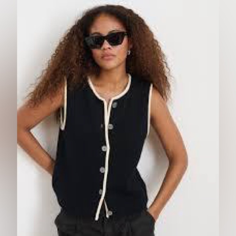 NEW Alex Mill Black Ivory Bridget Tipped Sweater Vest 100% Cotton Knit Size XL‎